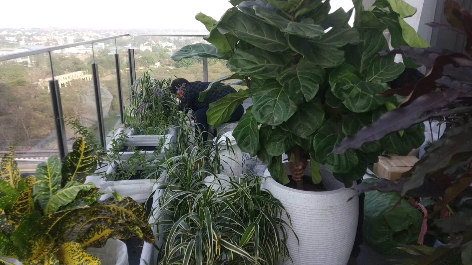 Lush corner arrangement being placed on the large balcony
